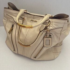 PRADA Hand Bag Leather Off White Gold Auth pre owned